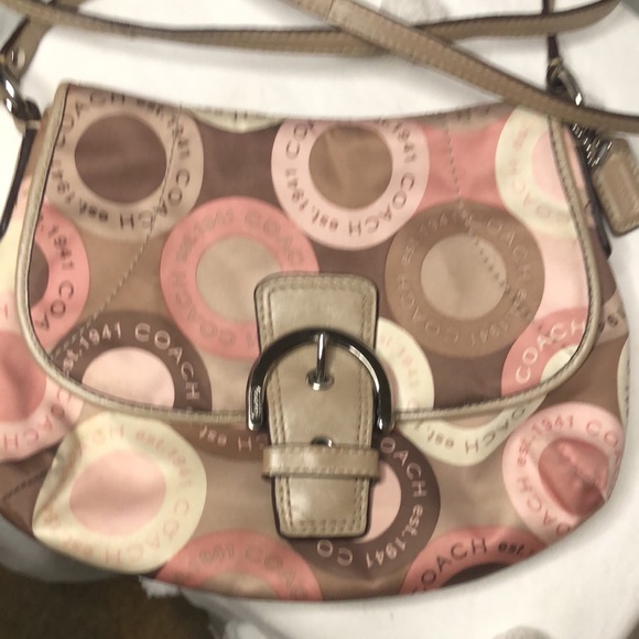 COACH SOHO logo snap head flap mini pink, brown, & tan Sateen fabric crossbody. - Picture 3 of 9